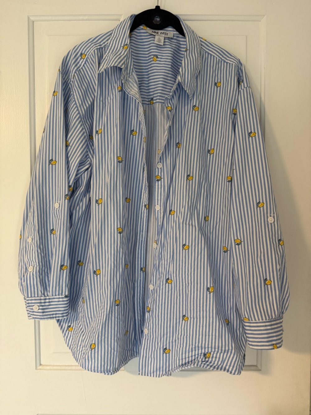 Nine West Light Blue & White Striped Button-Down Shirt with Yellow Embroidery